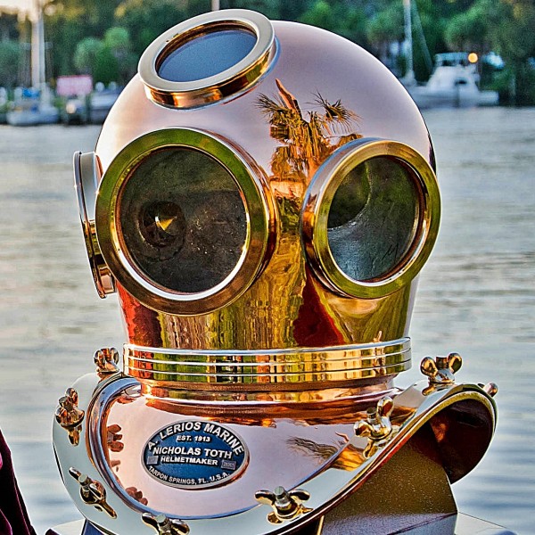 Full View of Diving Helmet on Waterfront-crop